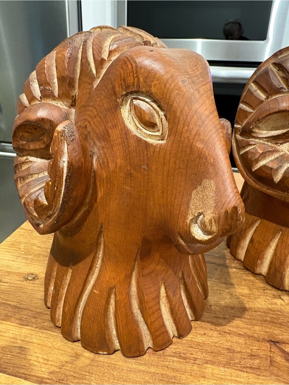 Hand-Carved Wooden Ram Head Sculpture - Pair of 2